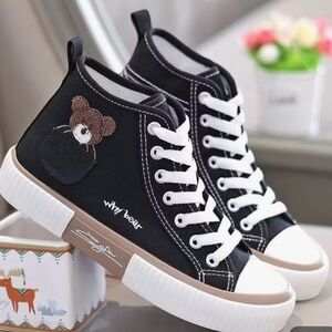 Cute Bear High Top Canvas Sneakers for Women – Size 7.5, Black Casual Shoes with